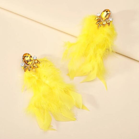 Yellow Feather Drop‎ Tassel Statement Earrings - Picture 2 of 3